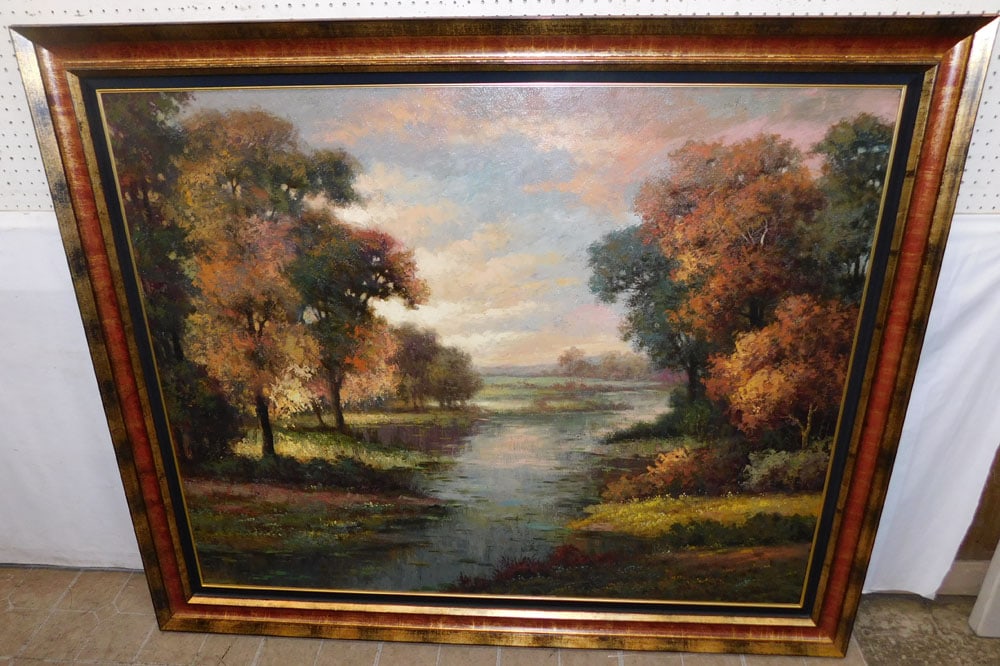 Large Framed Oil on Canvas Lake Scene Signed by Artist (1 of 8)