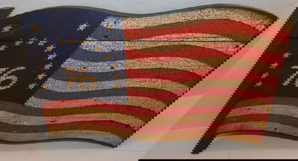 Painted Hanging Flag Panel: Painted Hanging Flag Panel. 19" x 13 1/2" ALL DESCRIPTIONS AND ANY CONDITION STATEMENT GIVEN BY LANGSTON AUCTION GALLERY ARE STRICTLY OPINIONS AND LANGSTON'S SHALL HAVE NO RESPONSIBILITY FOR ERRORS OR