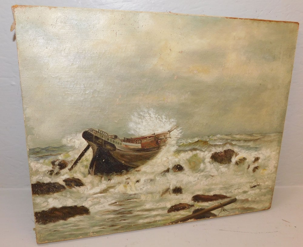 19th Century Oil on Canvas Boat on Rough Seas (1 of 4)