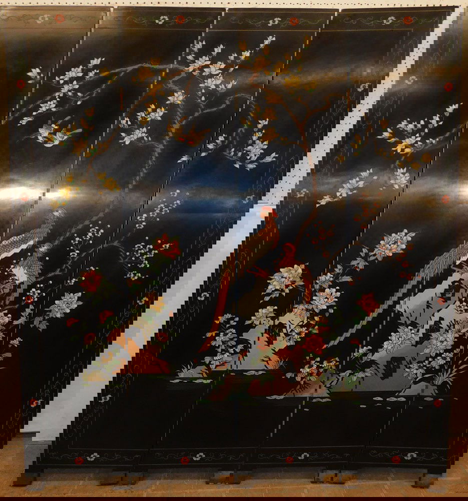 Black Lacquered & Paint Decorated Oriental 4 Panel Room Divider (1 of 5)