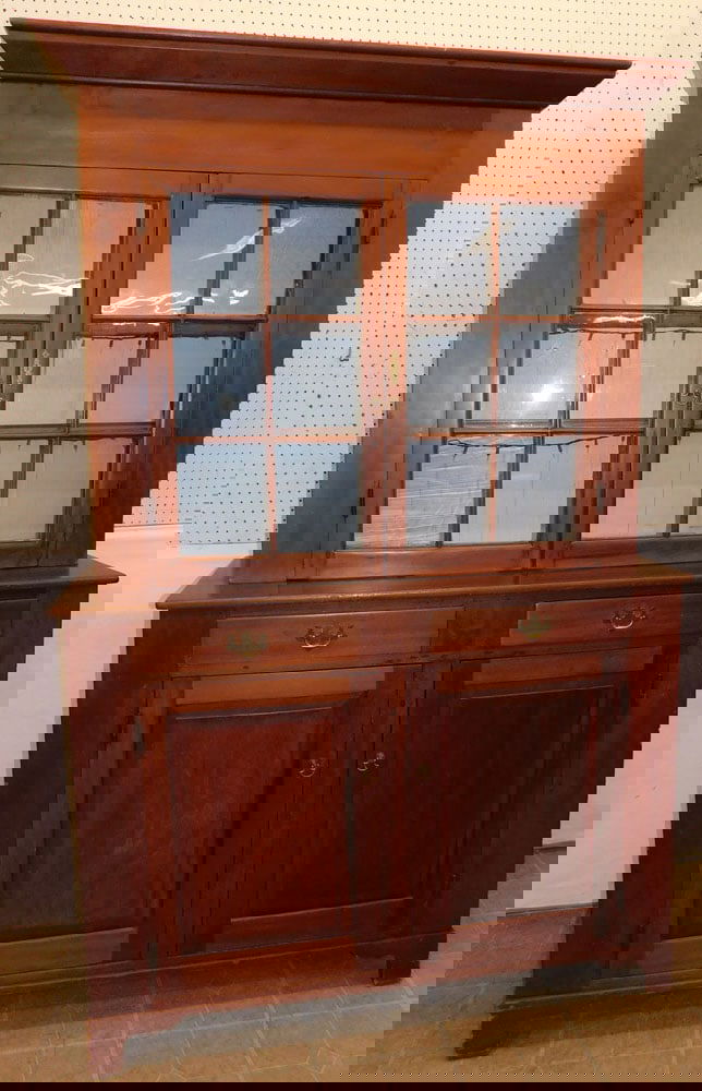 19th Century 2 Part Cherry Step Back Cupboard with Glass Doors (1 of 5)