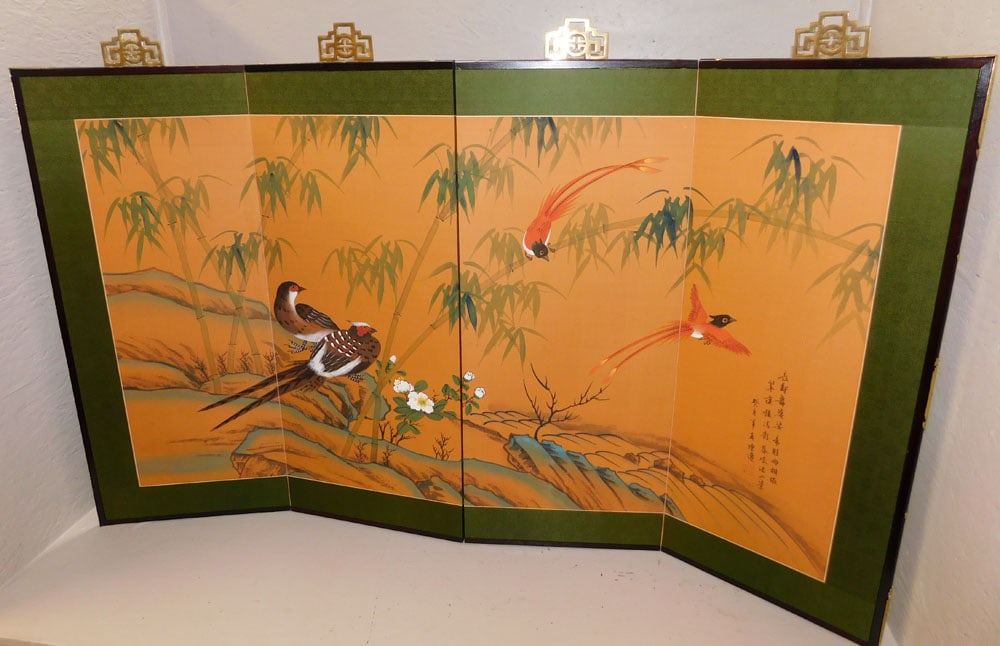 4 Panel Watercolor on Silk Wall Screen Signed with Character Marks (1 of 5)