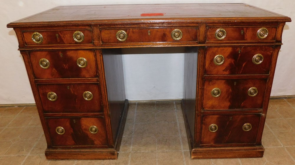 19th Century Mahogany 3 Part Tooled Leather Top Desk: 19th Century Mahogany 3 Part Tooled Leather Top Desk . 48" W 24" D 30 1/4" H ALL DESCRIPTIONS AND ANY CONDITION STATEMENT GIVEN BY LANGSTON AUCTION GALLERY ARE STRICTLY OPINIONS AND LANGSTON'S SHALL H
