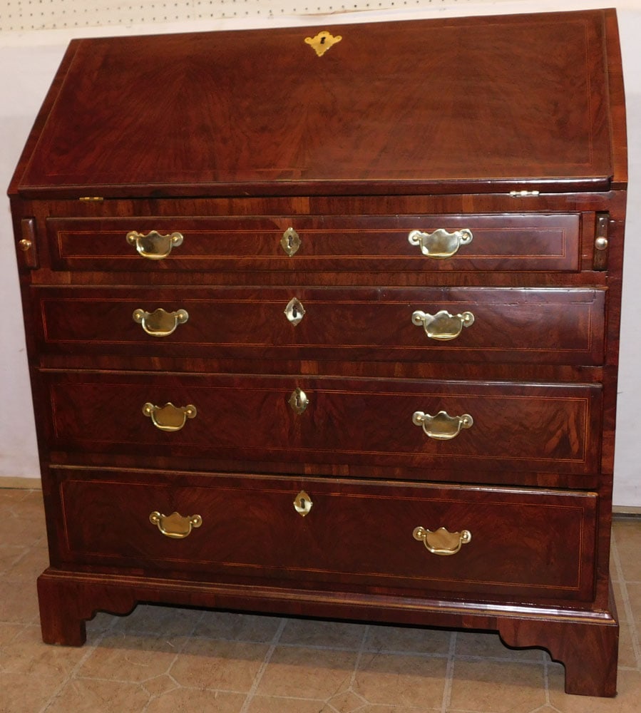 19th Century Burl Walnut Inlaid Slant Front Desk with Tooled Leather Interior (1 of 8)