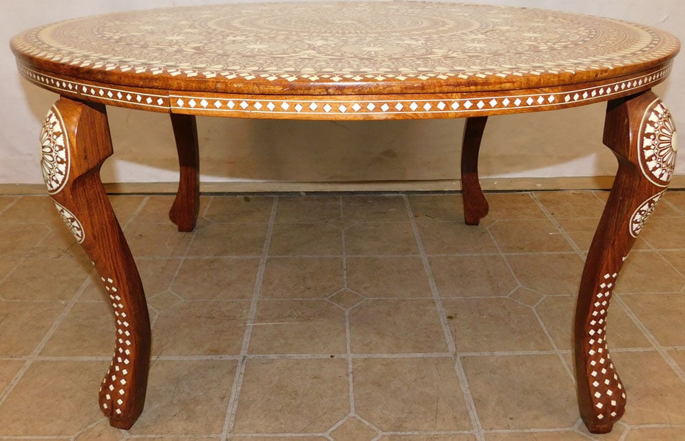 Oriental Bone Inlaid Round Tea Table: Oriental Bone Inlaid Round Tea Table . 32 3/4" Dia. 18" H ALL DESCRIPTIONS AND ANY CONDITION STATEMENT GIVEN BY LANGSTON AUCTION GALLERY ARE STRICTLY OPINIONS AND LANGSTON'S SHALL HAVE NO RESPONSIBILI