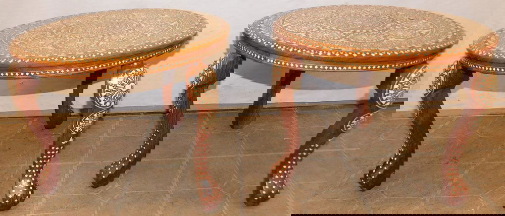 Pair of Oriental Teak Wood & Bone Inlaid Stands: Pair of Oriental Teak Wood & Bone Inlaid Stands. 20 1/2" Dia. 16 1/4" H ALL DESCRIPTIONS AND ANY CONDITION STATEMENT GIVEN BY LANGSTON AUCTION GALLERY ARE STRICTLY OPINIONS AND LANGSTON'S SHALL HAVE N