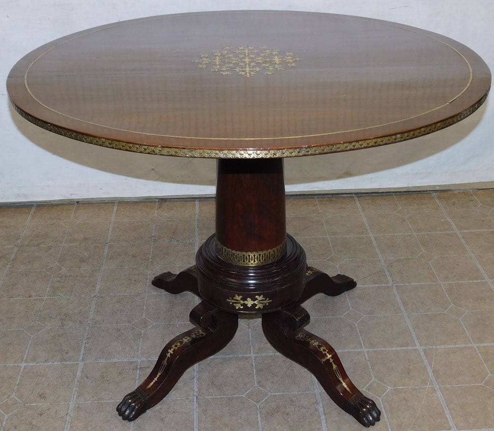 19th Century Mahogany Brass Inlaid Tilt Top Center Table with Paw Feet (1 of 11)