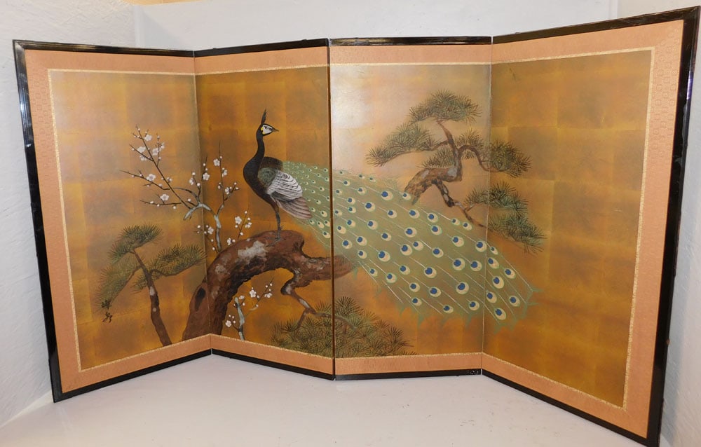 Oriental Peacock Watercolor on 4 Panel Paper Wall Screen (1 of 6)