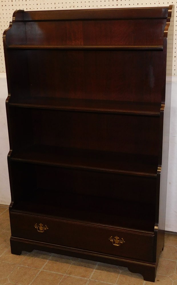 Mahogany Waterfall Form Bookcase with 1 Drawer Base by Hammary (1 of 6)