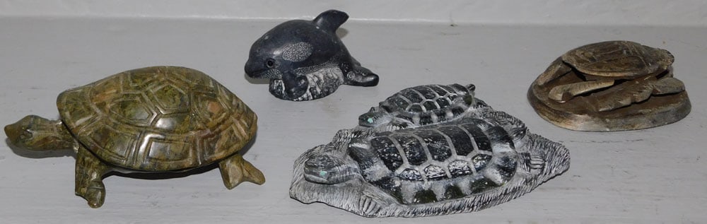 2 Turtle Stone Carvings, Whale Stone Carving, & Beetle Stone Carving: 2 Turtle Stone Carvings, Whale Stone Carving, & Beetle Stone Carving . Up to 5" L ALL DESCRIPTIONS AND ANY CONDITION STATEMENT GIVEN BY LANGSTON AUCTION GALLERY ARE STRICTLY OPINIONS AND LANGSTON'S SH