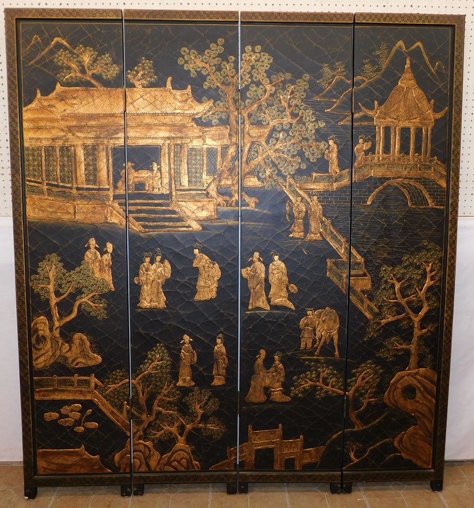Black Lacquered & Chinoiserie Oriental 4 Panel Room Divider (1 of 5)