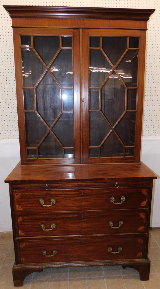19th Century Mahogany Inlaid 2 Part Glass Door Cabinet with Pull Out Slide (1 of 12)
