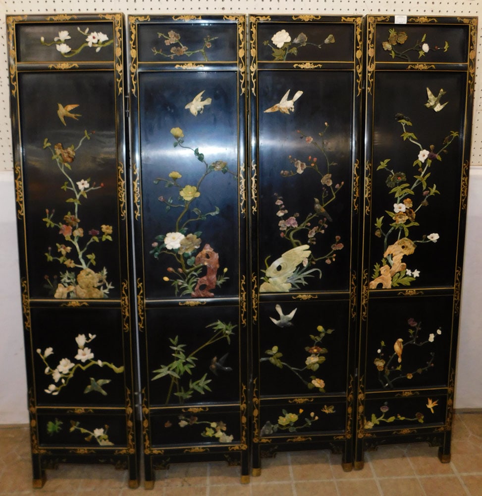 4 Black Lacquered Panels with Carved Soapstone High Relief Inlay (1 of 4)