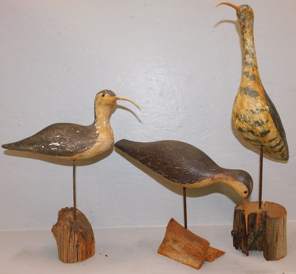 3 Painted Carved Wood Shore Birds: 3 Painted Carved Wood Shore Birds . Up to 18 3/4" H ALL DESCRIPTIONS AND ANY CONDITION STATEMENT GIVEN BY LANGSTON AUCTION GALLERY ARE STRICTLY OPINIONS AND LANGSTON'S SHALL HAVE NO RESPONSIBILITY FOR