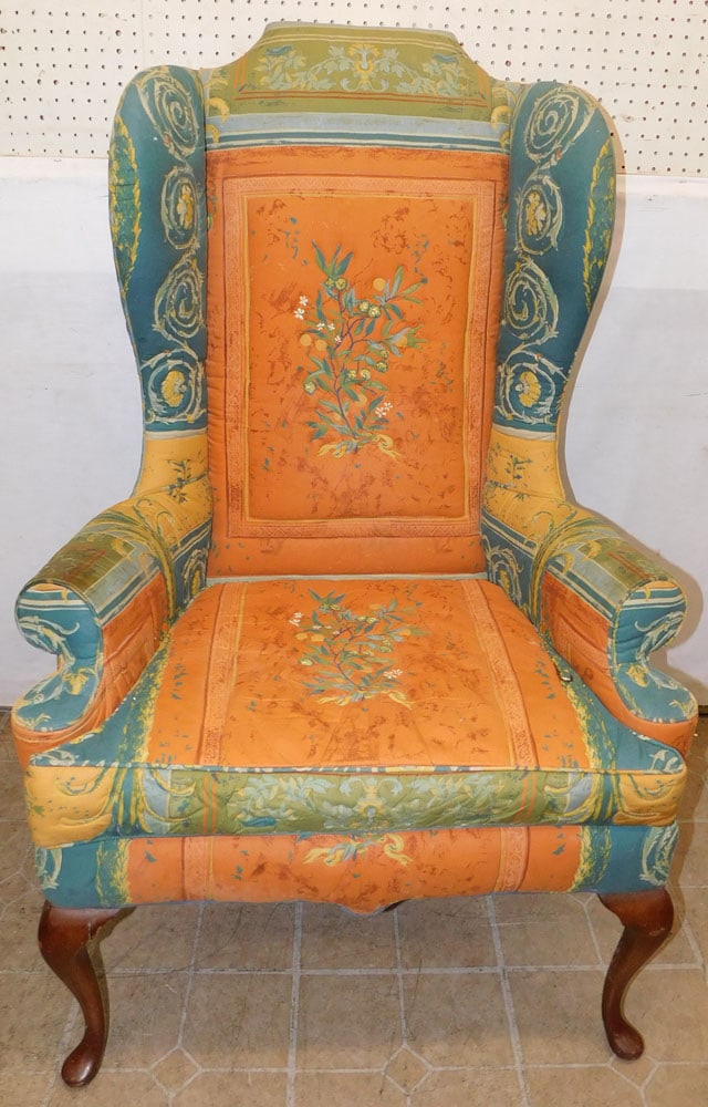 Upholstered Wing Back Chair: Upholstered Wing Back Chair. 51" H ALL DESCRIPTIONS AND ANY CONDITION STATEMENT GIVEN BY LANGSTON AUCTION GALLERY ARE STRICTLY OPINIONS AND LANGSTON'S SHALL HAVE NO RESPONSIBILITY FOR ERRORS OR OMISSI