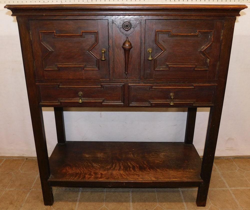 Antique English Oak 2 Door Geometrical Server with 2 Drawers (1 of 8)