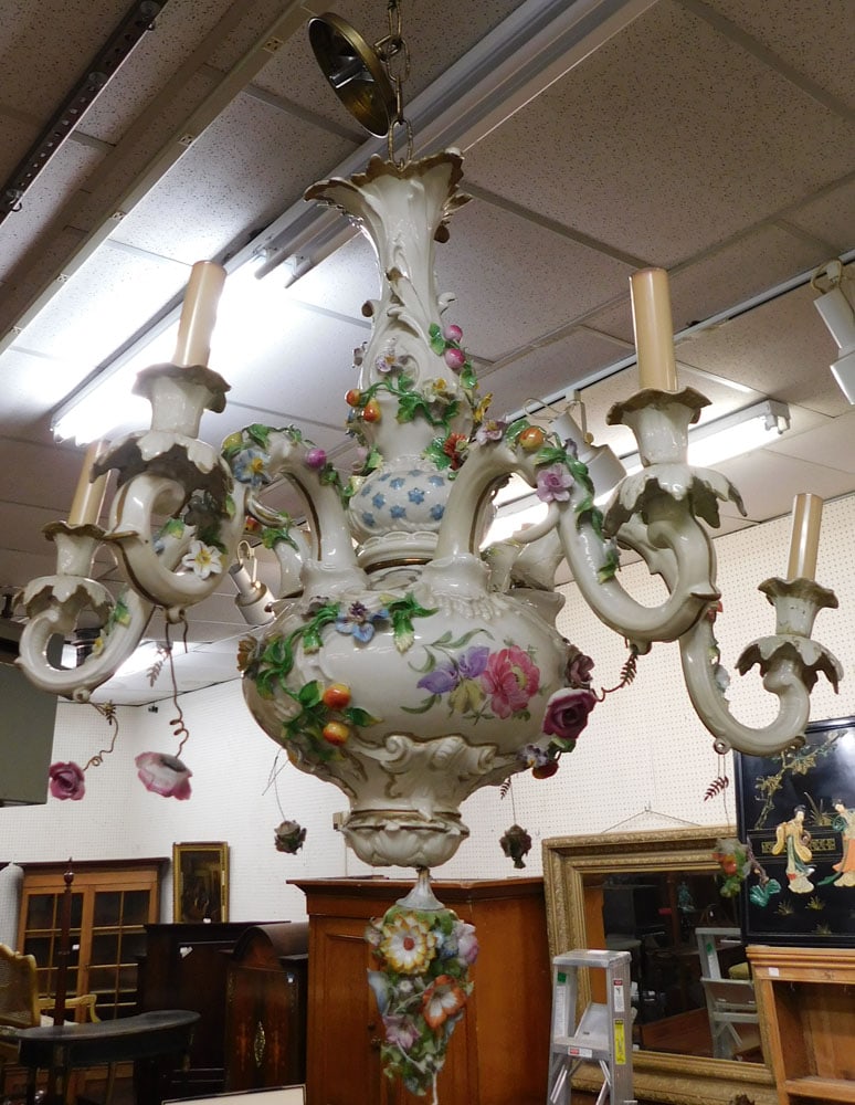 Dresden Style 6 Light Porcelain Chandelier with Applied Flowers: Dresden Style 6 Light Porcelain Chandelier with Applied Flowers. 27" H ALL DESCRIPTIONS AND ANY CONDITION STATEMENT GIVEN BY LANGSTON AUCTION GALLERY ARE STRICTLY OPINIONS AND LANGSTON'S SHALL HAVE NO