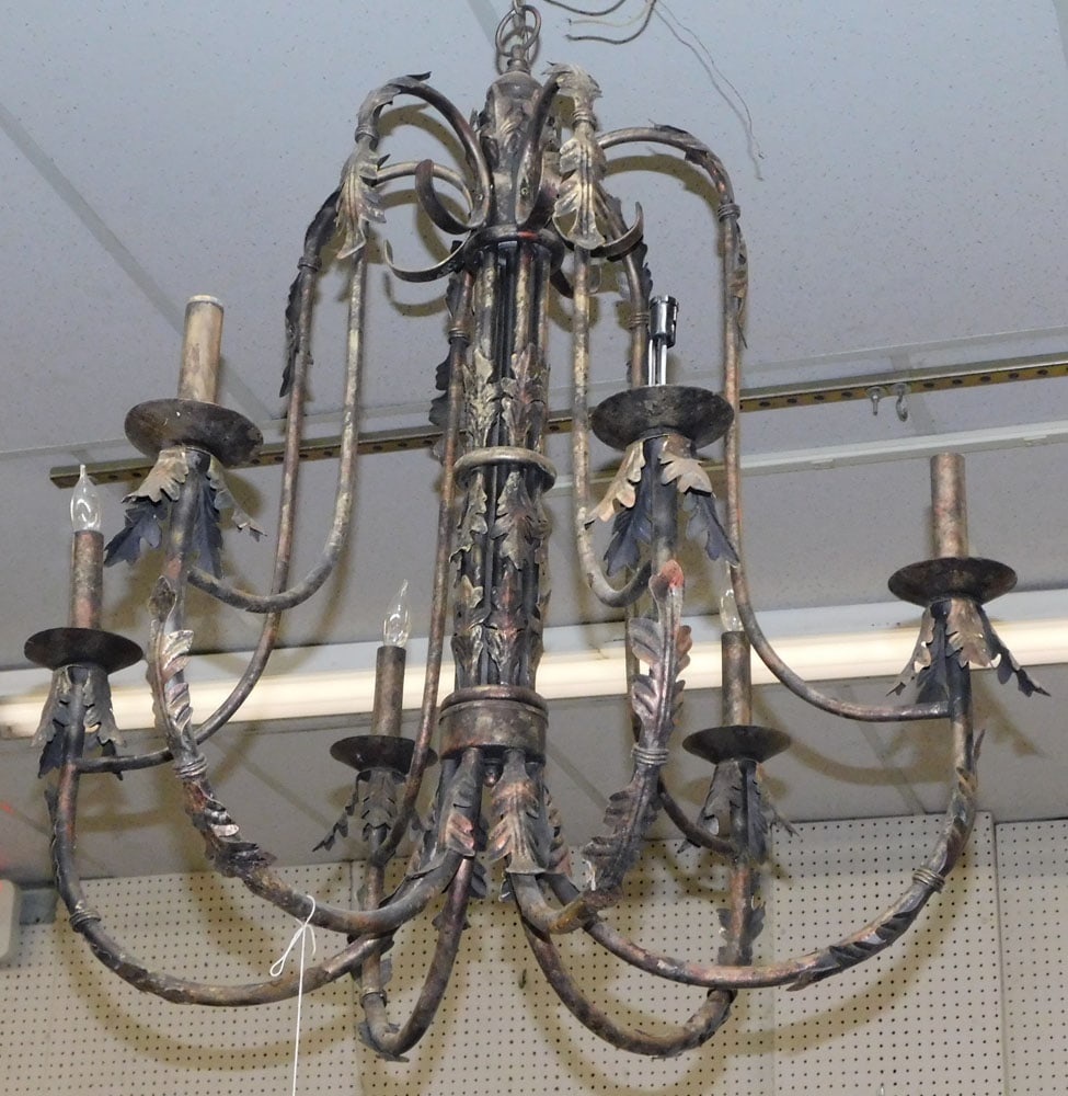 Painted Metal 6 Light Chandelier: Painted Metal 6 Light Chandelier . 35" H" ALL DESCRIPTIONS AND ANY CONDITION STATEMENT GIVEN BY LANGSTON AUCTION GALLERY ARE STRICTLY OPINIONS AND LANGSTON'S SHALL HAVE NO RESPONSIBILITY FOR ERRORS OR
