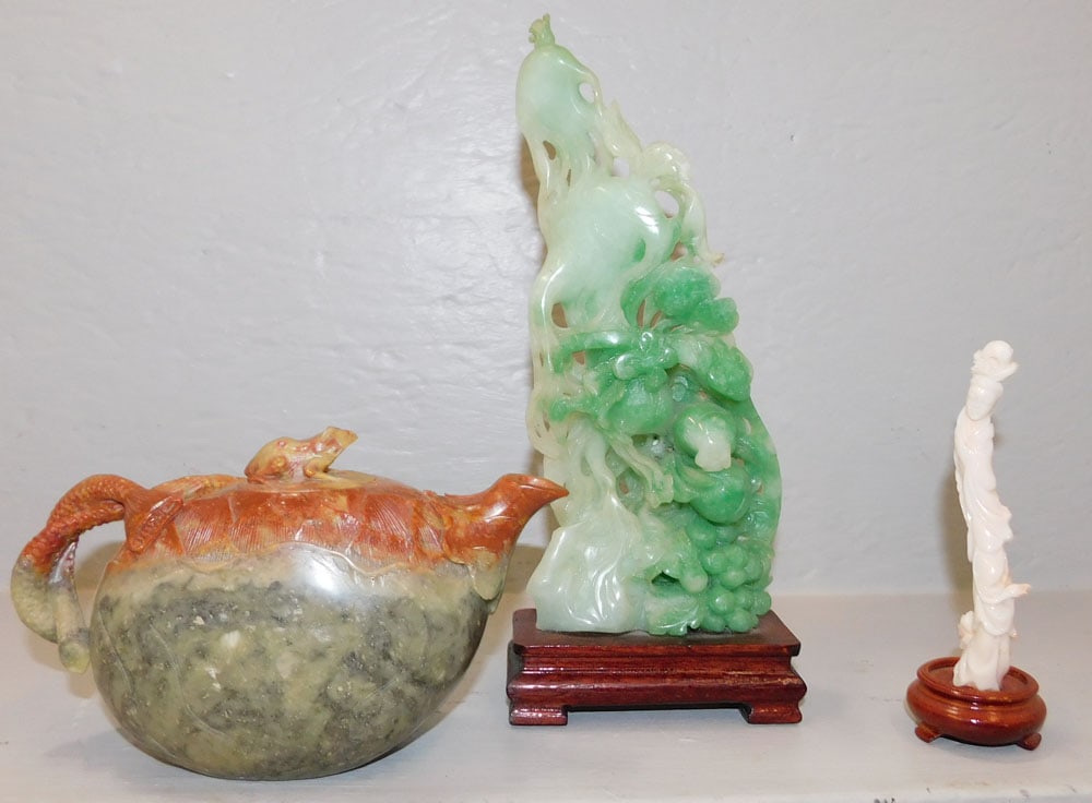 Oriental Stone Open Work Sculpture, Stone Teapot, & Lady Stone Figure (1 of 5)