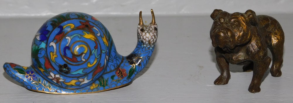 Gilded Metal Bull Dog Figurine & Cloisonne Snail Figurine (1 of 4)