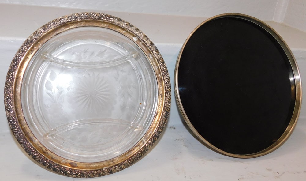 Sterling Rimmed & Cut Glass Divided Dish & Tray (1 of 5)