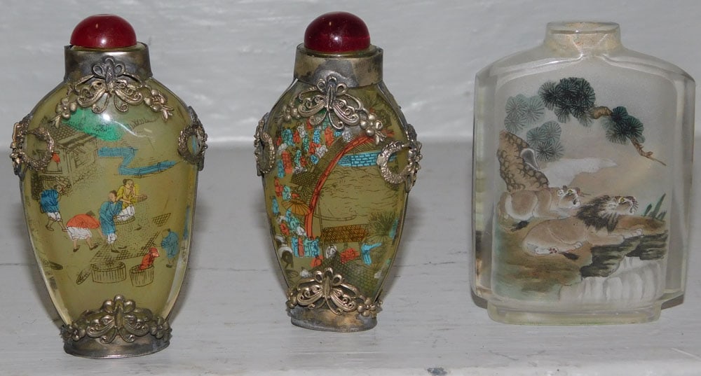 3 Reverse Painted Glass Snuff Bottles, (2 Silverplate Bound) (1 of 4)