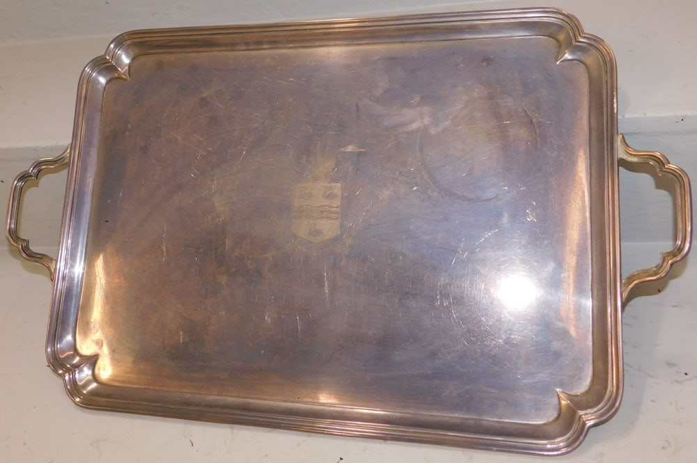 Antique English Hallmarked Sterling 2 Handled Tray with Armorial Engraving (1 of 5)