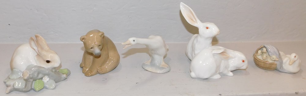 5 Lladro Figurines: 5 Lladro Figurines. Up to 6 1/2" L ALL DESCRIPTIONS AND ANY CONDITION STATEMENT GIVEN BY LANGSTON AUCTION GALLERY ARE STRICTLY OPINIONS AND LANGSTON'S SHALL HAVE NO RESPONSIBILITY FOR ERRORS OR OMISSI