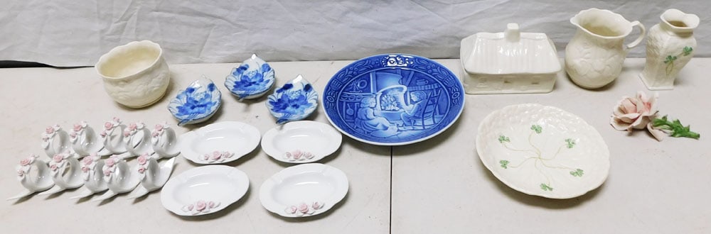 Lot of Dresden & Beleek Porcelain Items: Lot of Dresden & Beleek Porcelain Items. "ALL DESCRIPTIONS AND ANY CONDITION STATEMENT GIVEN BY LANGSTON AUCTION GALLERY ARE STRICTLY OPINIONS AND LANGSTON'S SHALL HAVE NO RESPONSIBILITY FOR ERRORS OR