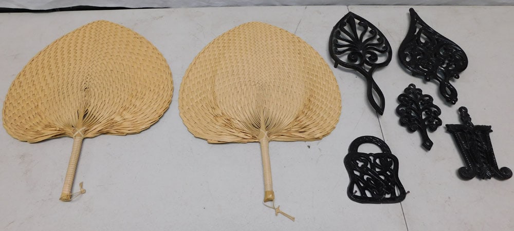 Lot of Cast Iron Trivets & Woven Fans (1 of 3)