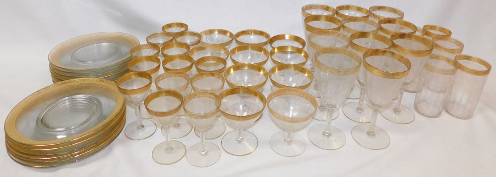 Lot of Etched Gold Rim Goblets & Plates: Lot of Etched Gold Rim Goblets & Plates . "ALL DESCRIPTIONS AND ANY CONDITION STATEMENT GIVEN BY LANGSTON AUCTION GALLERY ARE STRICTLY OPINIONS AND LANGSTON'S SHALL HAVE NO RESPONSIBILITY FOR ERRORS O