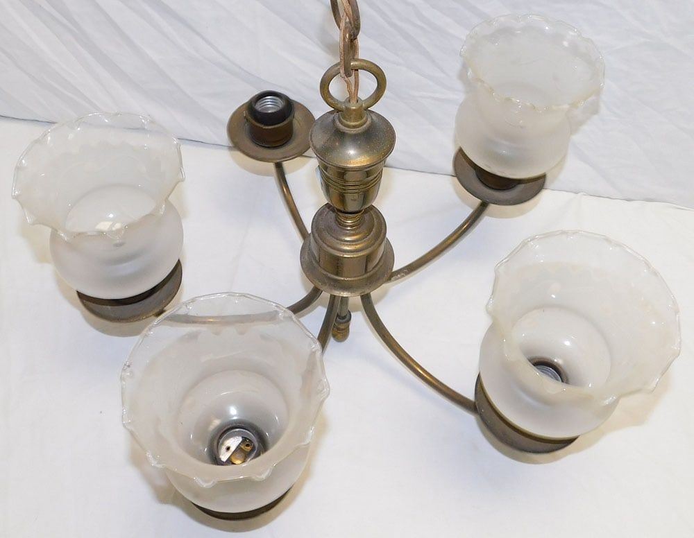 Brass & Glass 5 Light Chandelier: Brass & Glass 5 Light Chandelier. 14" H "ALL DESCRIPTIONS AND ANY CONDITION STATEMENT GIVEN BY LANGSTON AUCTION GALLERY ARE STRICTLY OPINIONS AND LANGSTON'S SHALL HAVE NO RESPONSIBILITY FOR ERRORS OR 