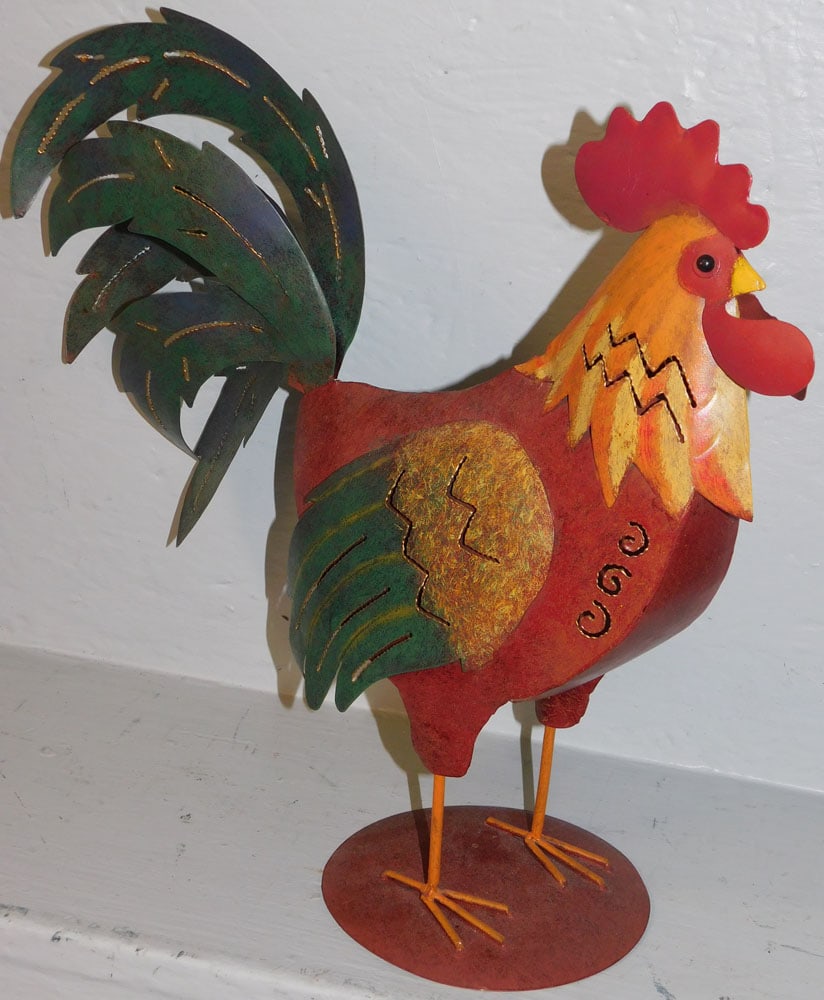 Painted Metal Rooster: Painted Metal Rooster . 14" H "ALL DESCRIPTIONS AND ANY CONDITION STATEMENT GIVEN BY LANGSTON AUCTION GALLERY ARE STRICTLY OPINIONS AND LANGSTON'S SHALL HAVE NO RESPONSIBILITY FOR ERRORS OR OMISSIONS.