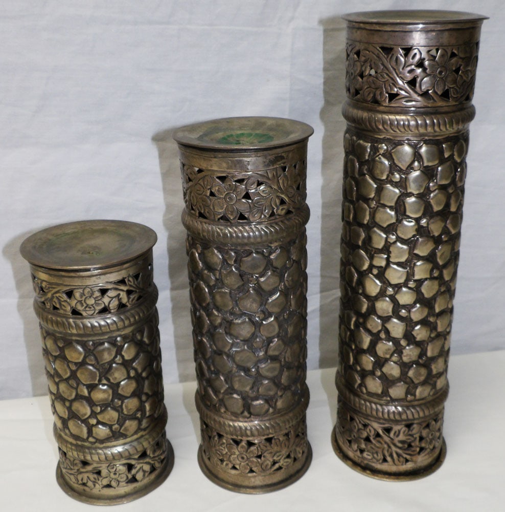 3 Graduated Silverplated Moroccan Trench Art Form Candleholders: 3 Graduated Silverplated Moroccan Trench Art Form Candleholders. "ALL DESCRIPTIONS AND ANY CONDITION STATEMENT GIVEN BY LANGSTON AUCTION GALLERY ARE STRICTLY OPINIONS AND LANGSTON'S SHALL HAVE NO RESP