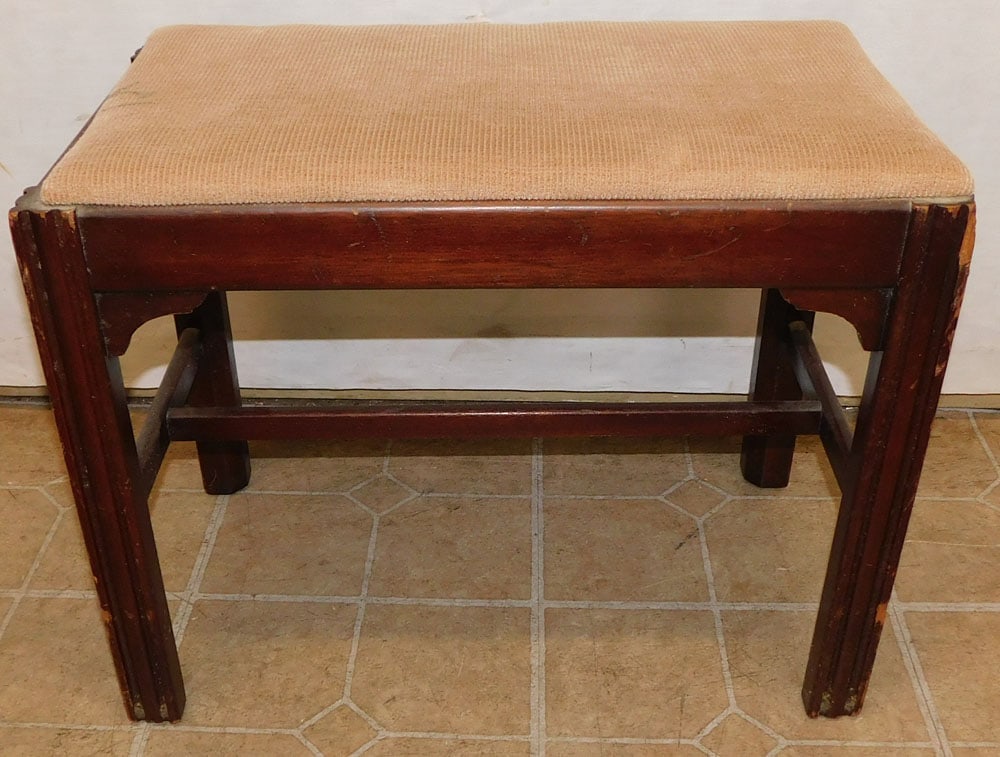 mahogany upholstered top bench: mahogany upholstered top bench. 22 1/2" W 13 1/2" D 17 3/4" H "ALL DESCRIPTIONS AND ANY CONDITION STATEMENT GIVEN BY LANGSTON AUCTION GALLERY ARE STRICTLY OPINIONS AND LANGSTON'S SHALL HAVE NO RESPONS