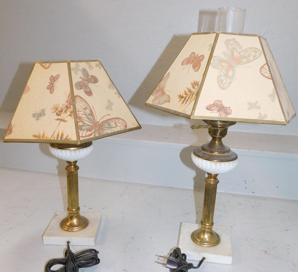 pair milk glass brass and marble base lamps (1 of 2)