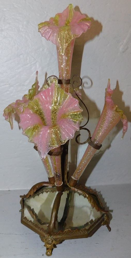antique bronze and art glass epergne: antique bronze and art glass epergne. 15 1/2" H "ALL DESCRIPTIONS AND ANY CONDITION STATEMENT GIVEN BY LANGSTON AUCTION GALLERY ARE STRICTLY OPINIONS AND LANGSTON'S SHALL HAVE NO RESPONSIBILITY FOR ER
