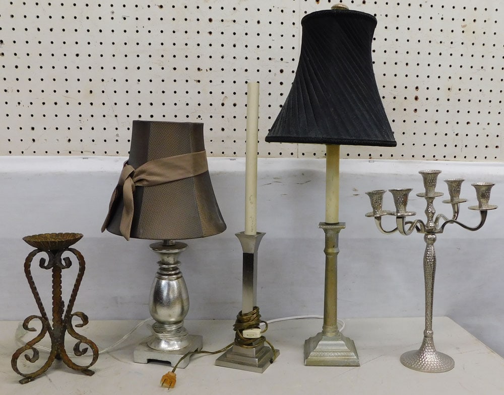 lot of decorative lamps and candelabras: lot of decorative lamps and candelabras. Up to 26" H "ALL DESCRIPTIONS AND ANY CONDITION STATEMENT GIVEN BY LANGSTON AUCTION GALLERY ARE STRICTLY OPINIONS AND LANGSTON'S SHALL HAVE NO RESPONSIBILITY F