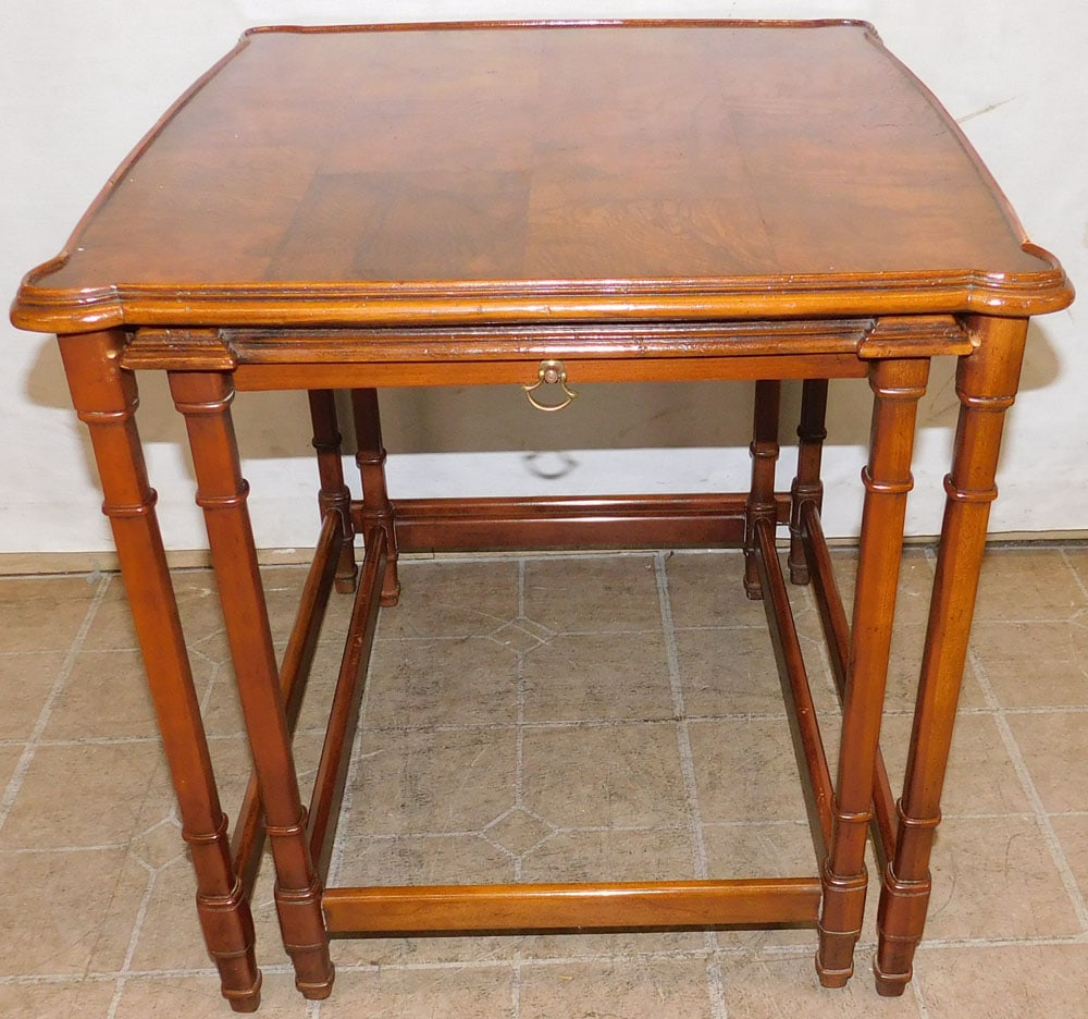 2 burled elm wood nesting tables: 2 burled elm wood nesting tables. 26" W 22" D 22 1/4" H "ALL DESCRIPTIONS AND ANY CONDITION STATEMENT GIVEN BY LANGSTON AUCTION GALLERY ARE STRICTLY OPINIONS AND LANGSTON'S SHALL HAVE NO RESPONSIBILIT