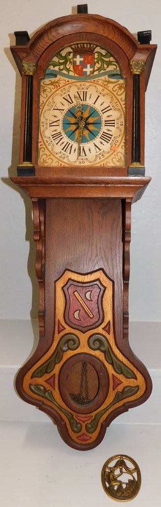 vintage wall clock: vintage wall clock. 35" H "ALL DESCRIPTIONS AND ANY CONDITION STATEMENT GIVEN BY LANGSTON AUCTION GALLERY ARE STRICTLY OPINIONS AND LANGSTON'S SHALL HAVE NO RESPONSIBILITY FOR ERRORS OR OMISSIONS. THE