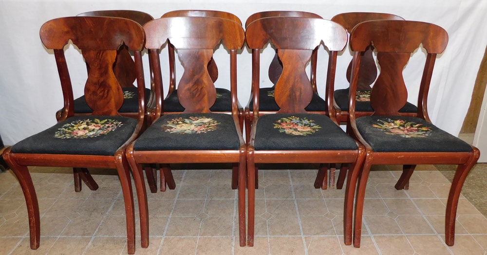 set of 8 mahogany needlepoint seat dining chairs: set of 8 mahogany needlepoint seat dining chairs. 33 3/4" H "ALL DESCRIPTIONS AND ANY CONDITION STATEMENT GIVEN BY LANGSTON AUCTION GALLERY ARE STRICTLY OPINIONS AND LANGSTON'S SHALL HAVE NO RESPONSIB
