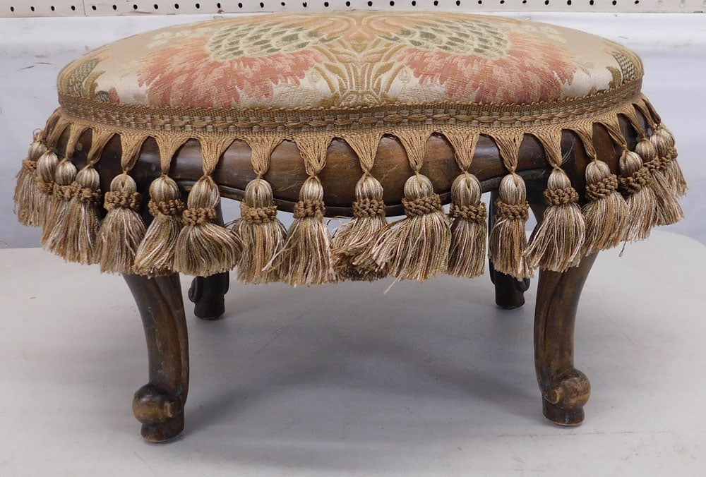 oval cherry french silk upholstered top foot stool (1 of 3)