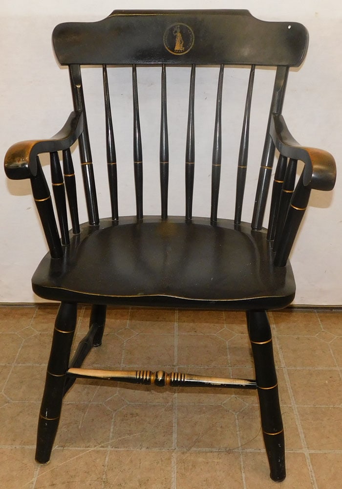 black lacquered college arm chair by bent brothers: black lacquered college arm chair by bent brothers. 36" H "ALL DESCRIPTIONS AND ANY CONDITION STATEMENT GIVEN BY LANGSTON AUCTION GALLERY ARE STRICTLY OPINIONS AND LANGSTON'S SHALL HAVE NO RESPONSIBIL