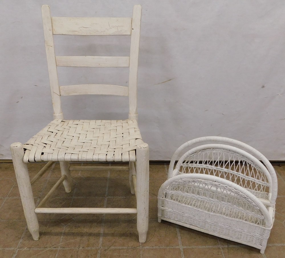 painted ladderback chair and wicker magazine stand: painted ladderback chair and wicker magazine stand. up to 32"H "ALL DESCRIPTIONS AND ANY CONDITION STATEMENT GIVEN BY LANGSTON AUCTION GALLERY ARE STRICTLY OPINIONS AND LANGSTON'S SHALL HAVE NO RESPON