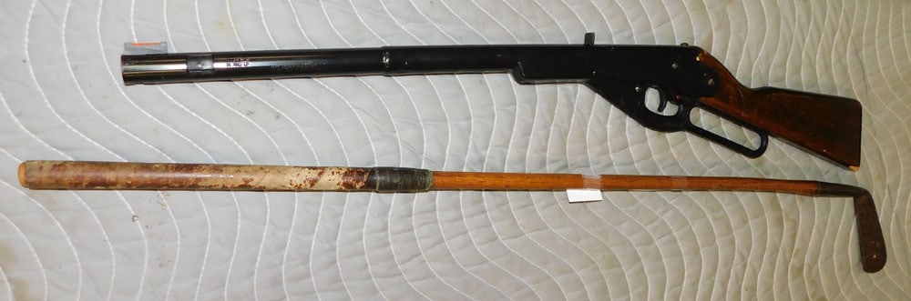 antique cast iron wood handle golf club and daisy BB gun: antique cast iron wood handle golf club and daisy BB gun. Up to 35 1/2" L "ALL DESCRIPTIONS AND ANY CONDITION STATEMENT GIVEN BY LANGSTON AUCTION GALLERY ARE STRICTLY OPINIONS AND LANGSTON'S SHALL HAV