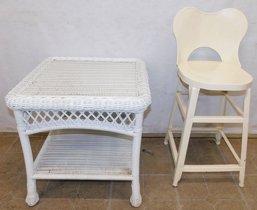 painted metal high chair and faux wicker end table (1 of 5)