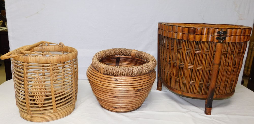Rattan Lift Top Box, Basket, & Rattan Jardiniere: Rattan Lift Top Box, Basket, & Rattan Jardiniere . Up to 21" W 13 1/2" D 19 1/4" H "ALL DESCRIPTIONS AND ANY CONDITION STATEMENT GIVEN BY LANGSTON AUCTION GALLERY ARE STRICTLY OPINIONS AND LANGSTON'S