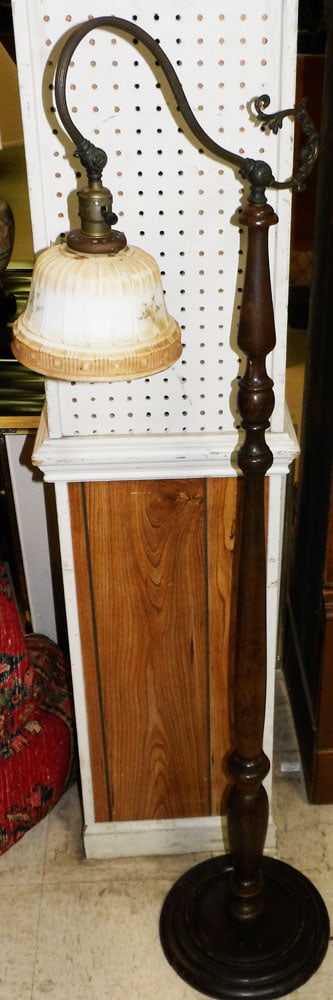 Antique Turned Wood Hand Painted Glass Shade Floor Lamp (1 of 4)