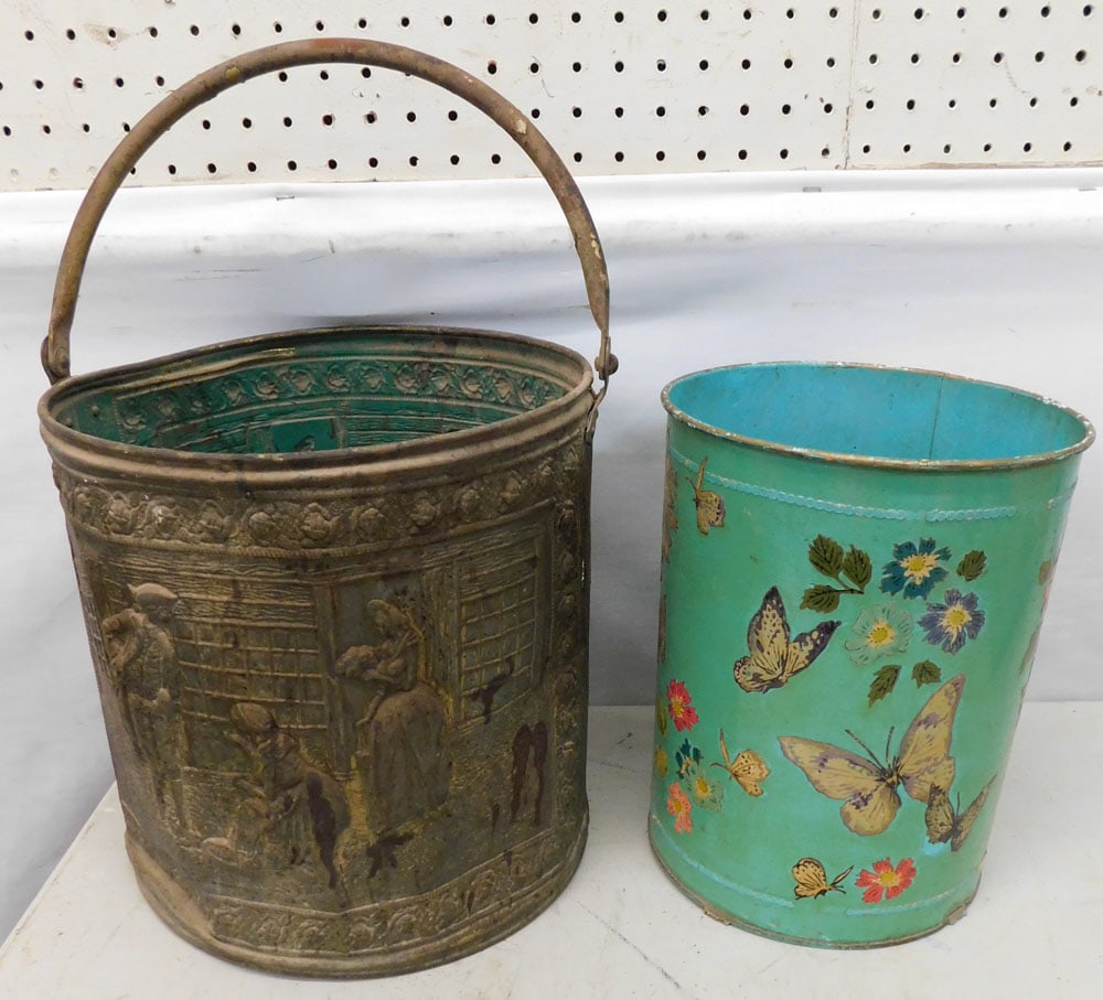 Antique Brass Coal Bucket & Painted Metal Waste Basket (1 of 5)