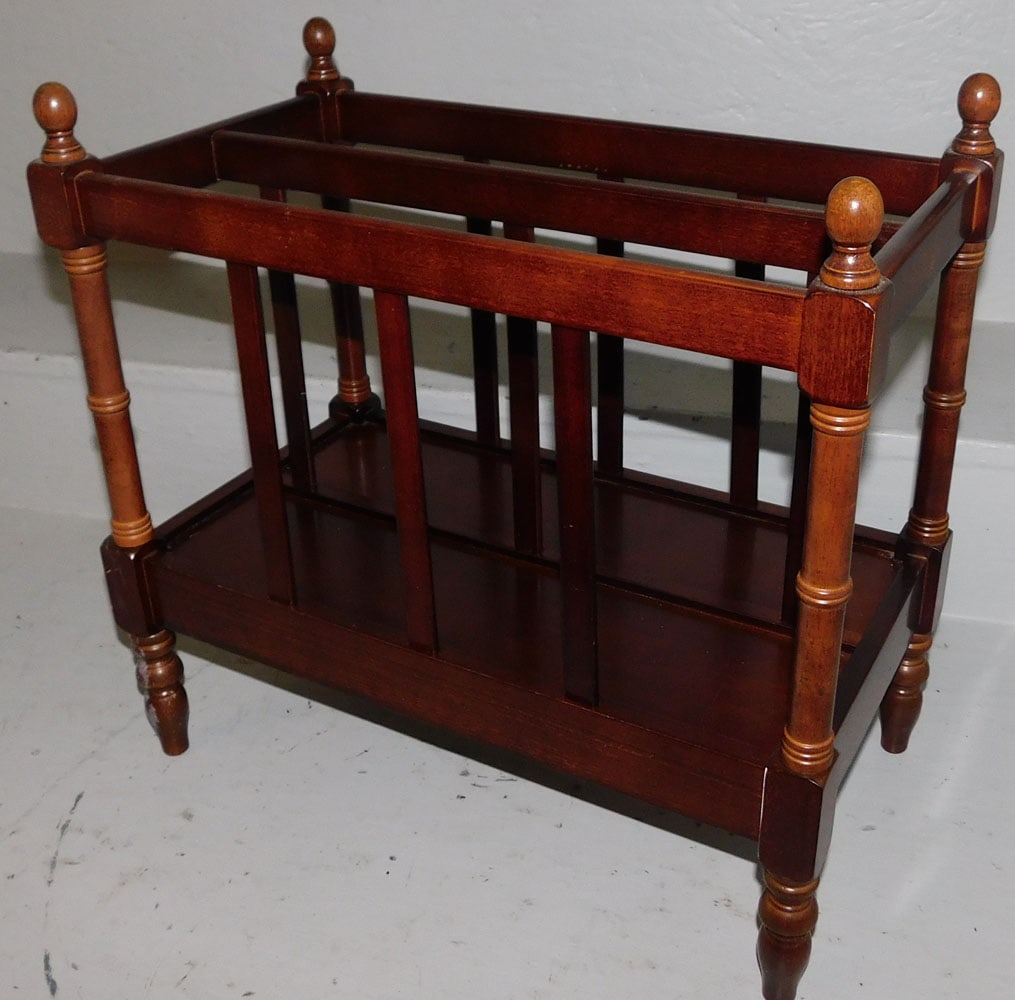 Mahogany & Bamboo Turned Canterbury: Mahogany & Bamboo Turned Canterbury. 17 3/4" W 10" D 17" H "ALL DESCRIPTIONS AND ANY CONDITION STATEMENT GIVEN BY LANGSTON AUCTION GALLERY ARE STRICTLY OPINIONS AND LANGSTON'S SHALL HAVE NO RESPONSIBI